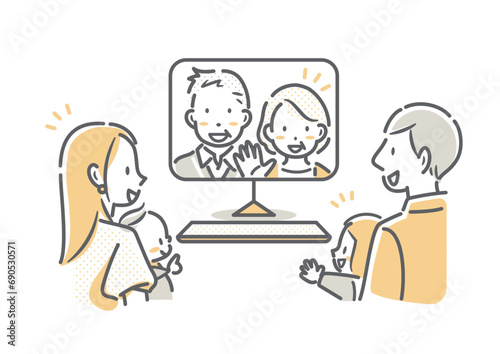 高齢の両親とのテレビ電話を楽しむ若い夫婦と子供たち　シンプルでお洒落な線画イラスト
