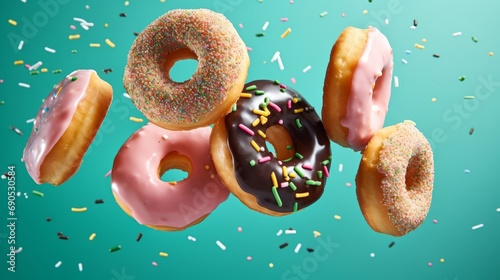 Various donuts flying in the air. Dessert donuts with glaze on green background
 photo