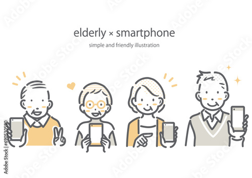 笑顔でスマホを見せるシニア世代　シンプルでお洒落な線画イラスト
