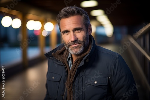 Handsome middle age man with beard and mustache wearing a winter jacket in an urban setting