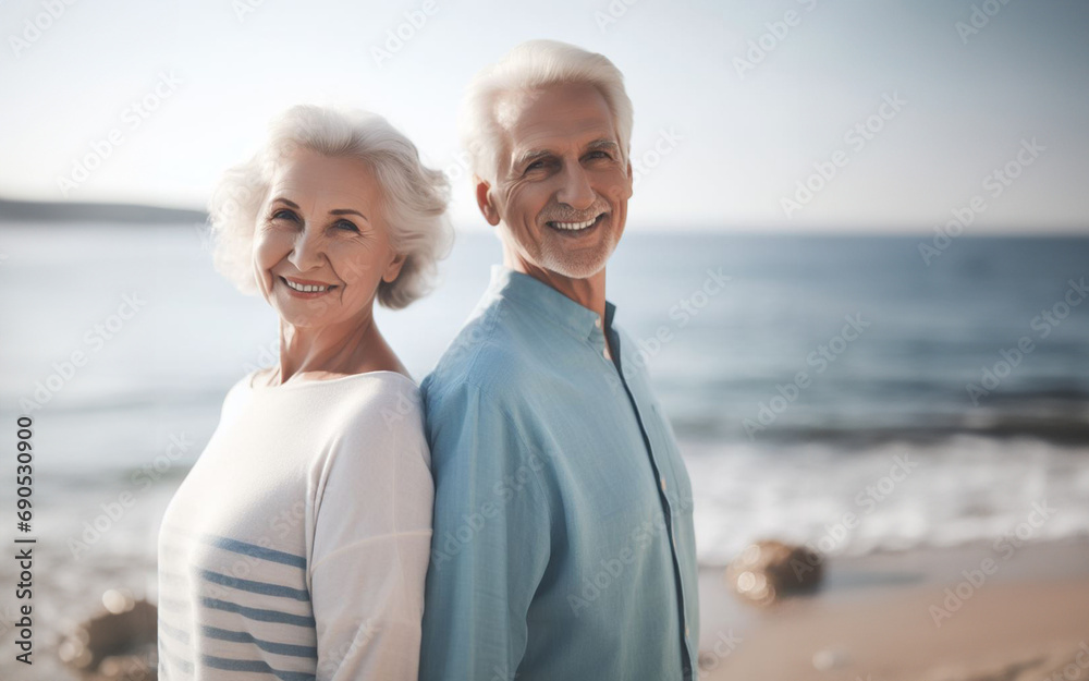 elderly couple Happily embracing each other by the sea The concept of love until old age healthy old people romantic