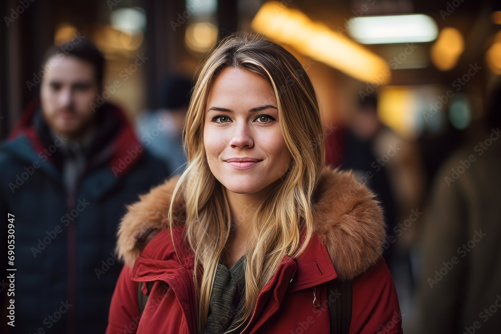 Portrait of a beautiful young woman in a red coat on the street