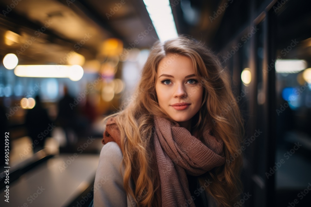 Portrait of a beautiful young woman with long wavy blond hair in a knitted sweater and a scarf on the background of the night city. Portrait of a beautiful young woman with long wavy blond hair in a knitted sweater and a scarf on the background of the night city.