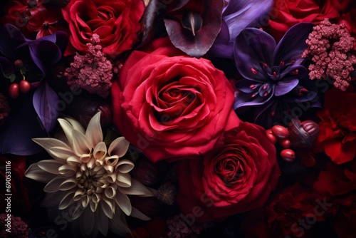 A vibrant close-up of a floral arrangement featuring a variety of richly colored flowers against a dark background.