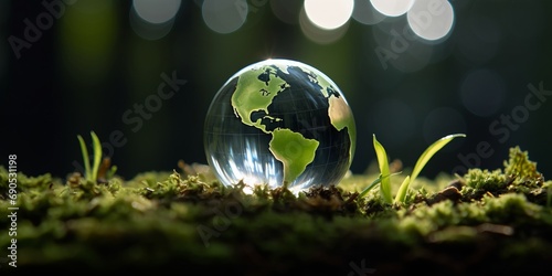 A crystal globe reflecting the continents with a sprouting plant beside it, symbolizing eco-friendliness and sustainability.