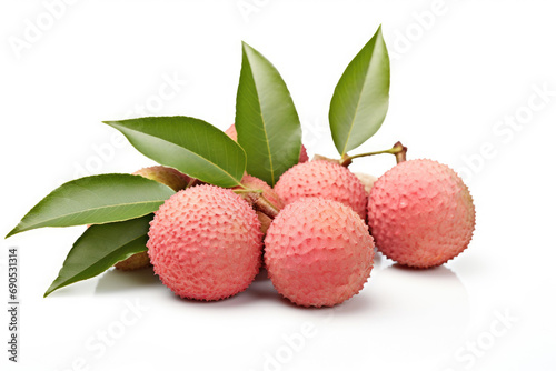 Lychee or Chinese plum with leaves on white background