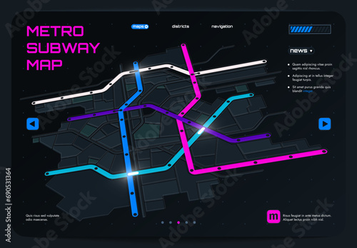 Futuristic smart city map. Underground metro system, metro cartography and navigation, public transport route and station. Vector illustration of smart technology