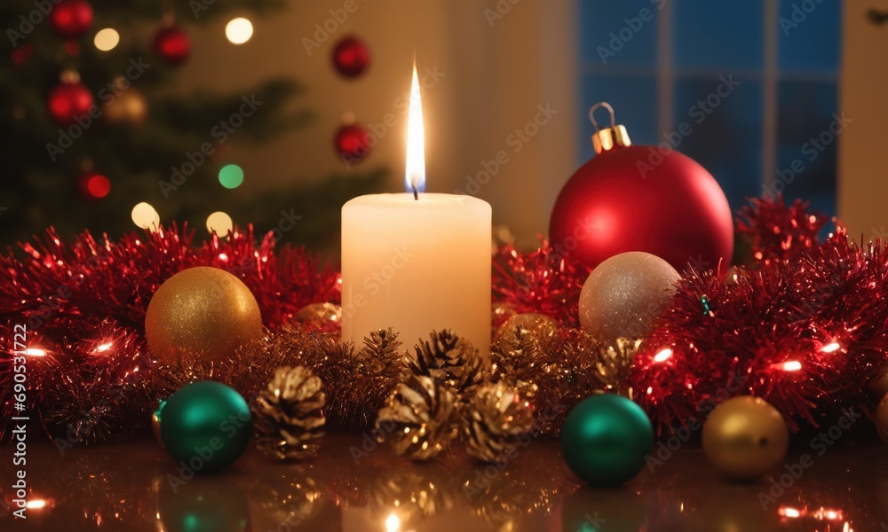 Christmas decoration with burning candle and baubles on a background of Christmas tree