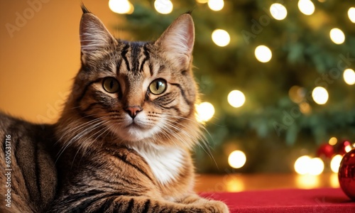 Beautiful tabby cat on background of Christmas tree with bokeh
