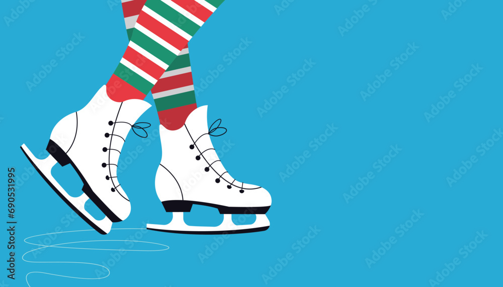 Elegant lady legs in ice skating shoes and stripped tights. Horizontal composition winter activities banner. Seasonal sport hobby poster. Winter leisure. Vector. - obrazy, fototapety, plakaty 
