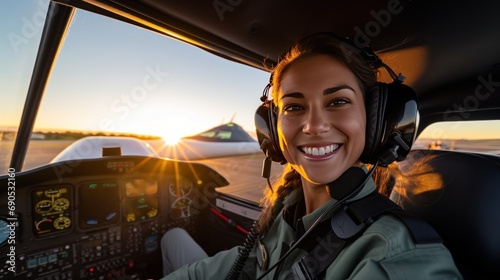 A beautiful female pilot taking a selfie in the cockpit while piloting a plane with the sky in the background. © Phoophinyo