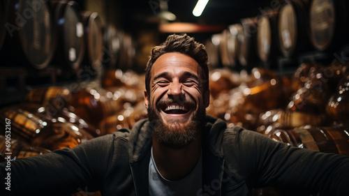 Man at warehouse of beer Brown wooden wine beer barrel stacked background.Generative AI