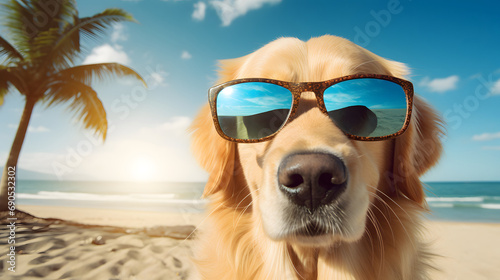 Golden retriever dog sitting on the beach and wearing sunglasses in summer. Ai generate. © MOUNTAIN