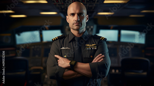 A male pilot stands with his arms crossed in the cockpit. He is a professional pilot. Ai generate.
