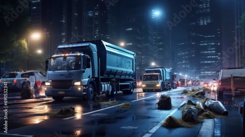 A Garbage trucks collecting garbage in the quiet night of a big city, government garbage collectors at work, a cold night, bright lights of tall buildings. © Phoophinyo