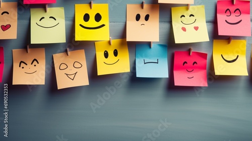 A depiction of different emotions and moods represented by cartoon emoticons on a board filled with sticky notes. photo