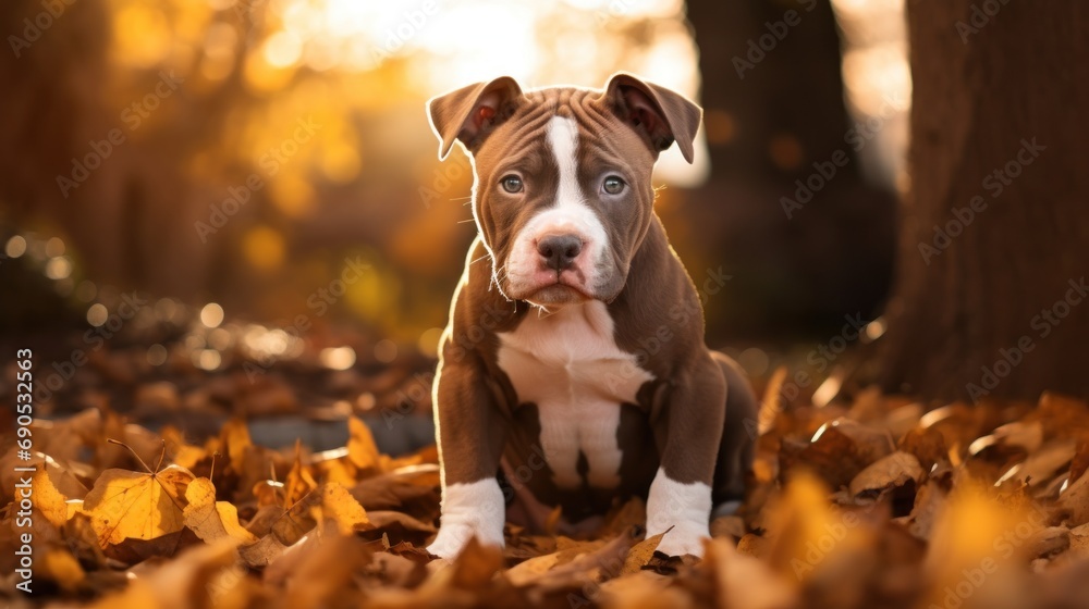 A Cute American Pitbull puppy playing in the backyard with yellow autumn leaves at sunset. The background of the photo is a relaxing environment in the backyard. - obrazy, fototapety, plakaty 