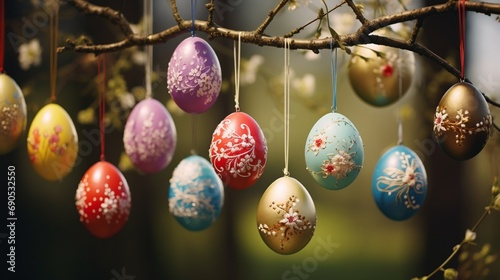 A creative Easter egg mobile hanging from a tree branch, with eggs decorated in various artistic styles and patterns