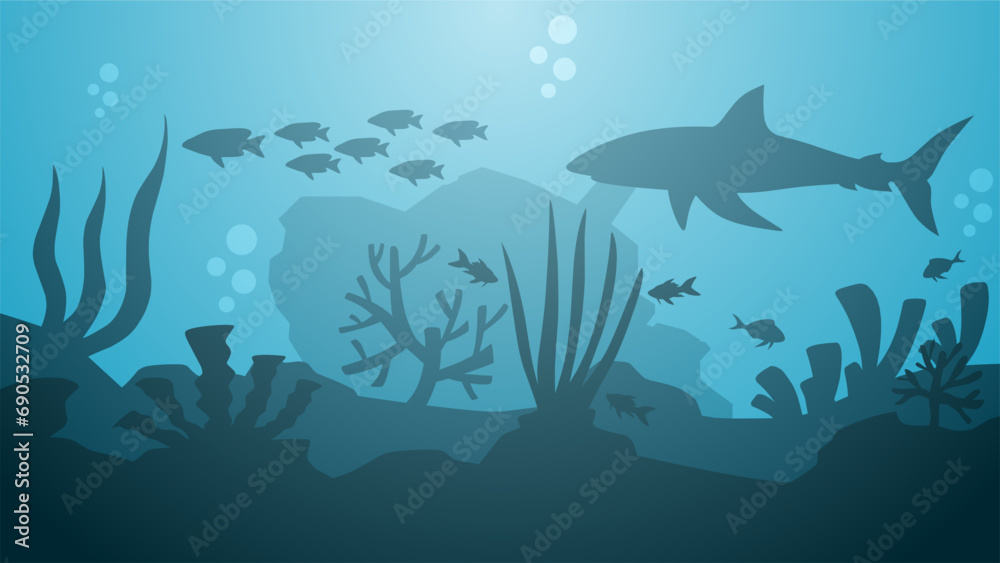 Obraz premium Seascape vector illustration. Scenery of shipwreck in the bottom sea with fish and coral reef. Undersea landscape for illustration, background or wallpaper
