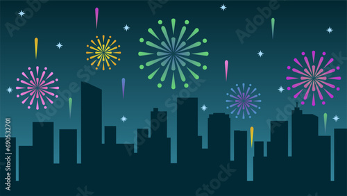 New year cityscape vector illustration. Scenery of city with sparkling fireworks in new year event. City landscape for illustration, background or wallpaper. City silhouette in the firework festival