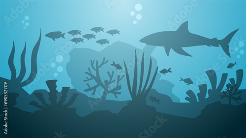 Fototapeta Naklejka Na Ścianę i Meble -  Seascape vector illustration. Scenery of shipwreck in the bottom sea with fish and coral reef. Undersea landscape for illustration, background or wallpaper