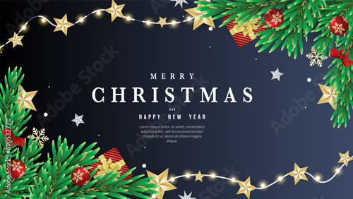 Merry Christmas  and Happy New Year  with fir branches and holly berries background ,element in Christmas holiday , Flat Modern design , illustration Vector EPS 10
