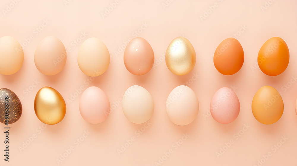 Easter eggs flat lay in handpainted decorated peach fuzz and gold colors on a pastel peach background Easter eggs flat lay in handpainted decorated peach fuzz and gold colors on a pastel peach background