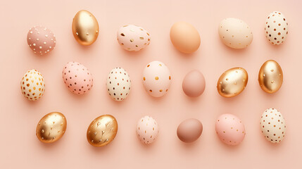 Crédence de cuisine Pantone 2024 Peach Fuzz Easter eggs flat lay in handpainted decorated peach fuzz and gold colors on a pastel peach background  © AI for you