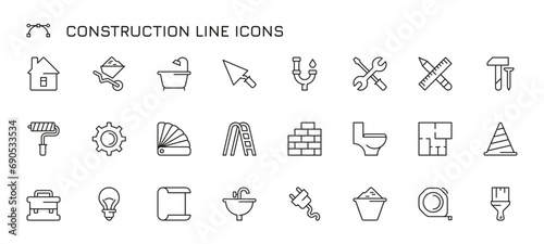 Construction line icons. Building engineer tools, brickwork saw bucket wrench and heater, plumbing renovation plan. Vector isolated set of construction building icon line illustration