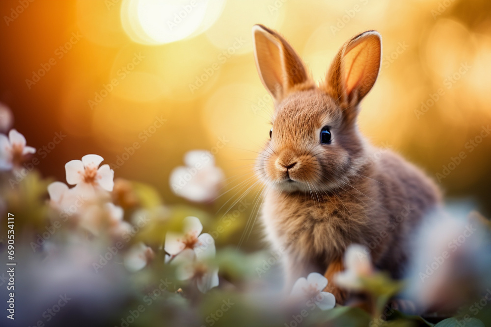 Cute bunny sitting among grass and flowers. Adorable fairy tale character. Shallow depth of fields, blurred soft bokeh background with copy space. Use for Easter banner or greeting card.