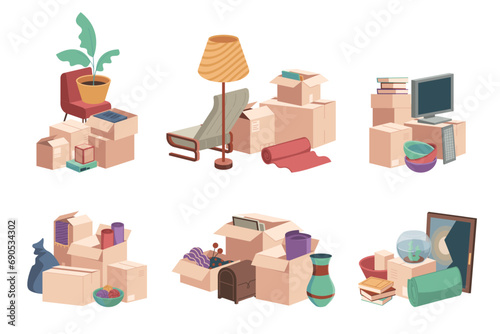 Piles of moving boxes. Packed empty boxes for storage and relocation, delivery service concept with pile of parcels. Vector illustration. Paper packages for household things, new apartment