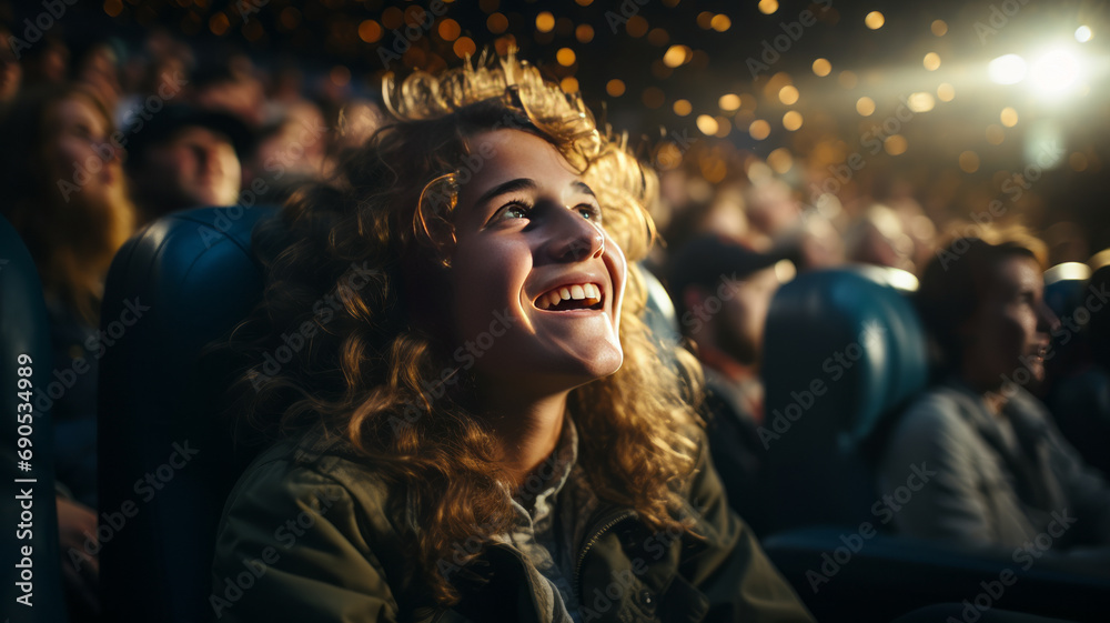 Young student person watching cinema premiere movie have fun.Generative AI.