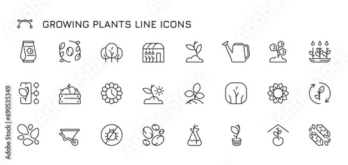 Growing plants line icons. Organic agriculture and gardening tools, seeds, seedling and tree branches. Vector flat set. Black wheelbarrow, watering can, anti insect symbols isolated collection