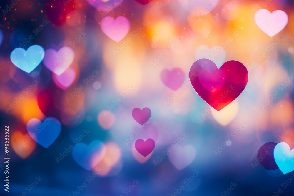 Colorful heart shaped bokeh background. Abstract backdrop banner with hearts for valentine's day. Romance and love concept.
