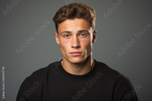 Portrait of a young man over grey background. Looking at camera.