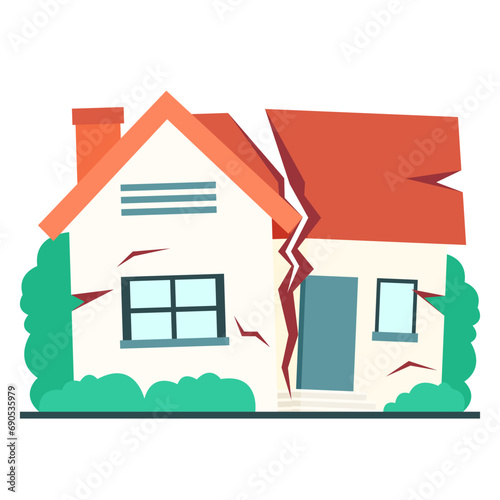 broken house damaged by earthquake isolated on white background