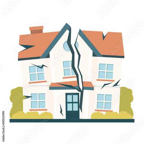 broken house damaged by earthquake isolated on white background
