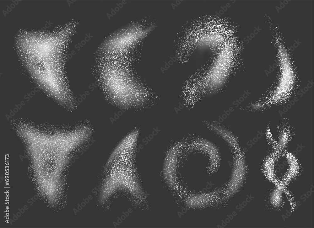 Flying powder. Falling flour dust with spices, baking powder and salt for pastry and bread. Vector flour explosion isolated set. Realistic blowing glitter isolated in different shape