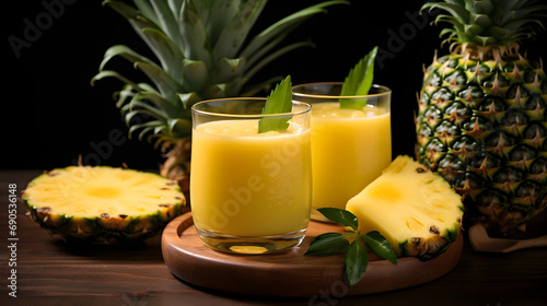 Pineapple juice with fruits on isolated background 