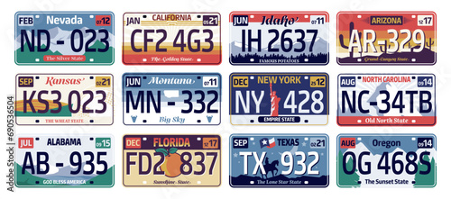 Vehicle registration plate. American license plate with state name and numbers, Idaho, Texas, Oregon, Arizona, California, Nevada, Kanzas, Florida. Vector set. USA automobile isolated signs photo