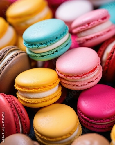 A vibrant stack of colorful macarons, showcasing their delicate shells and creamy fillings. Generative AI.