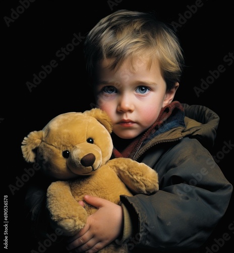 A young boy holding a bear. Generative AI.