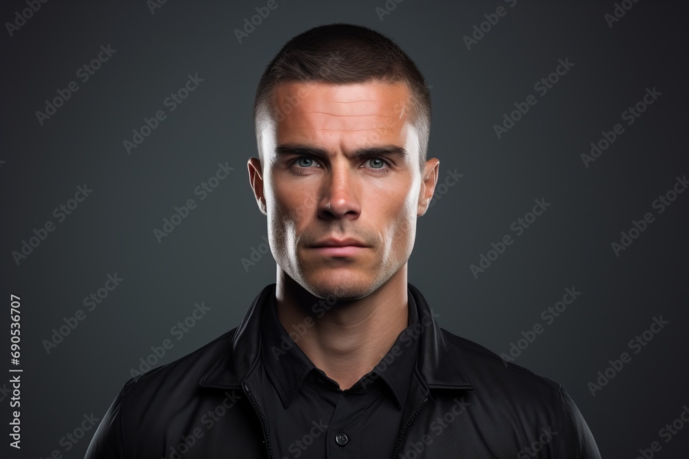 Portrait of a serious young man looking at camera over dark background