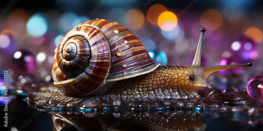 Schnecke mit Lichter Bokeh auf der Straße im Querformat, ai generativ Schnecke mit Lichter Bokeh auf der Straße im Querformat, ai generativ