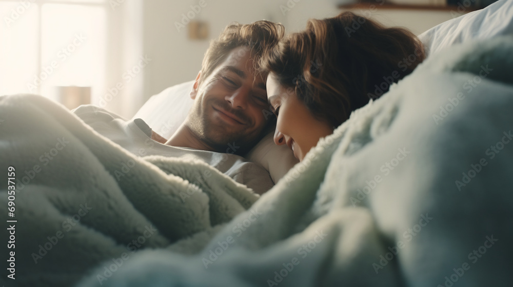 Beautiful happy young couple lying together in bed at home, a male and female spending a romantic morning in bed at home. Beautiful happy young couple lying together in bed at home, a male and female spending a romantic morning in bed at home.