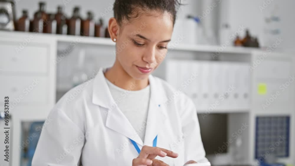 Smiling, confident young scientist at work, beautiful hispanic woman happily messaging on smartphone amidst crucial research in lab Smiling, confident young scientist at work, beautiful hispanic woman happily messaging on smartphone amidst crucial research in lab