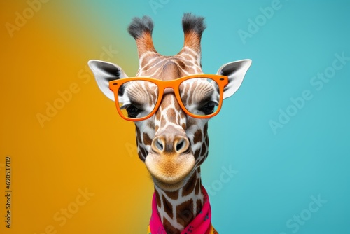 A whimsical  colorful giraffe wearing oversized glasses.