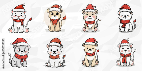 Winterliche Schneelöwen: Lineart Vektorgrafik-Bundle von Schneelöwen mit Mütze und Schal
