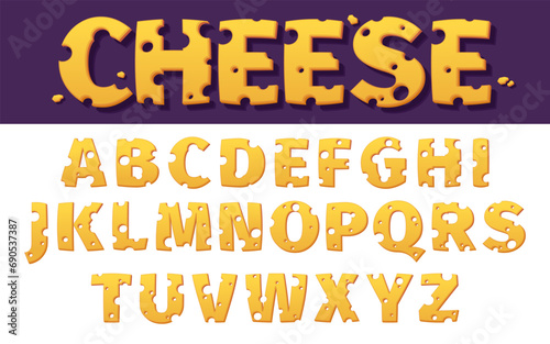 Cheese alphabet. Cartoon editable typeface for cheese product logo, funny typography for snack food logo. Vector isolated collection. Yellow letters and numbers with holes for education set