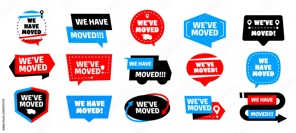 Obraz premium We moved signs. Relocation message with pointer, house relocation sticker with stamp, flat label for apartment, moving route information. Vector isolated set. Store or business address change